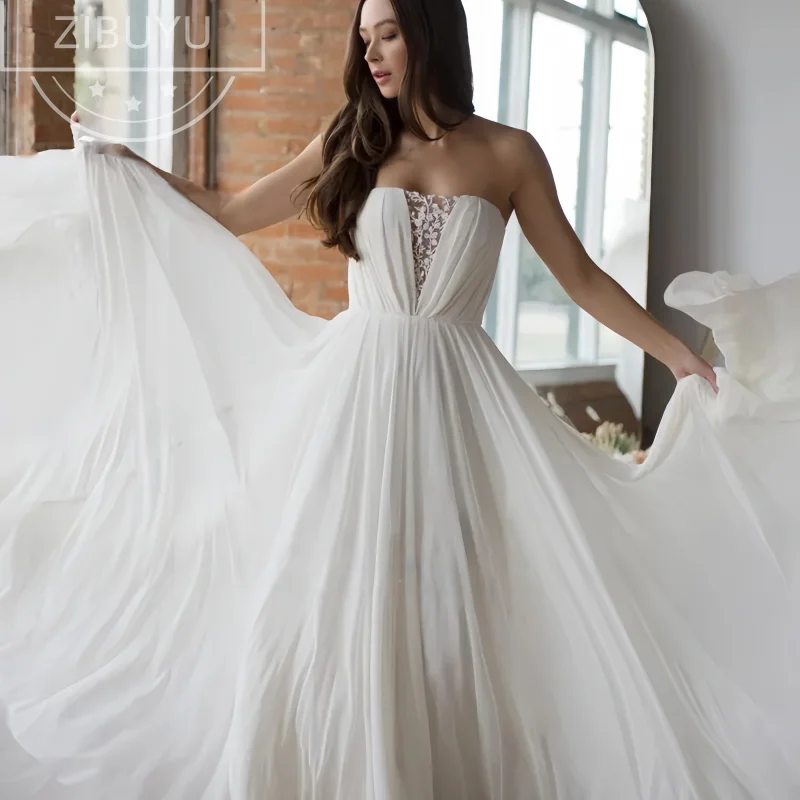 

ZIBUYU V-Neck A-Line Chiffon Lace Applique Beach Wedding Dresses Sleeveless Off The shoulder Floor Length Bridal Gown Customized