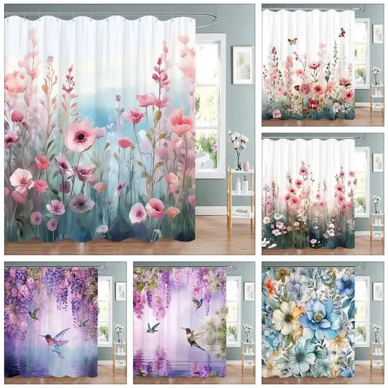 Beautiful Botanical Floral Shower Curtain Watercolour Style Floral Landscape Washable Fabric Shower Curtains Bathroom Decoration