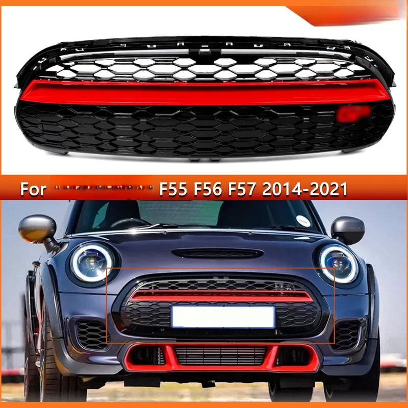 

Front Grille Racing Grills For 2014-2021 Mini Cooper F55 F56 F57 GP Style Glossy Black+Red Trim Upper Bumper Hood Mesh Grid