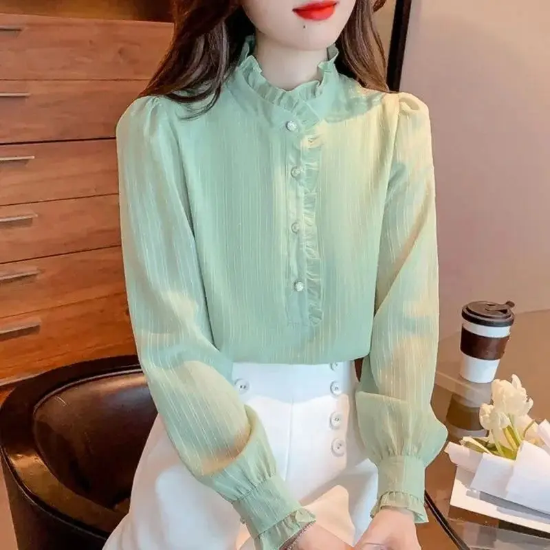 Lace New French Chiffon Shirt Elegant Splicing Stand Up Collar Ear Shirt Long Sleeve Shirt Top