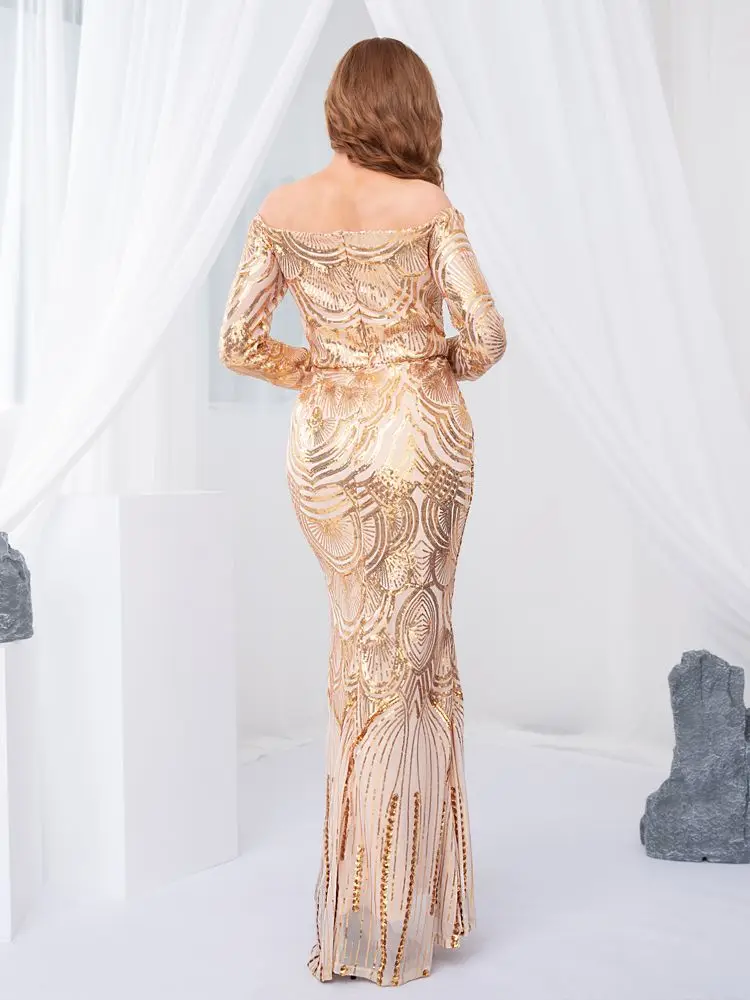 Romagisch Goud Pailletten Slash Hals Lange Mouwen Luxe Avondjurk Zeemeermin Off Shoulder Vrouwen Maxi Formele Feestjurk