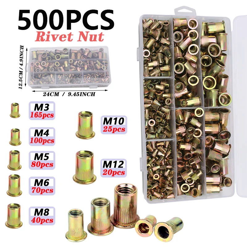 圧着リベットナットセット、500個入りメートル規格リベットナット詰め合わせ（m12-m10-m8-m6-m5-m4-m3）、家具、装飾、自動車、船舶、産業用途に最適