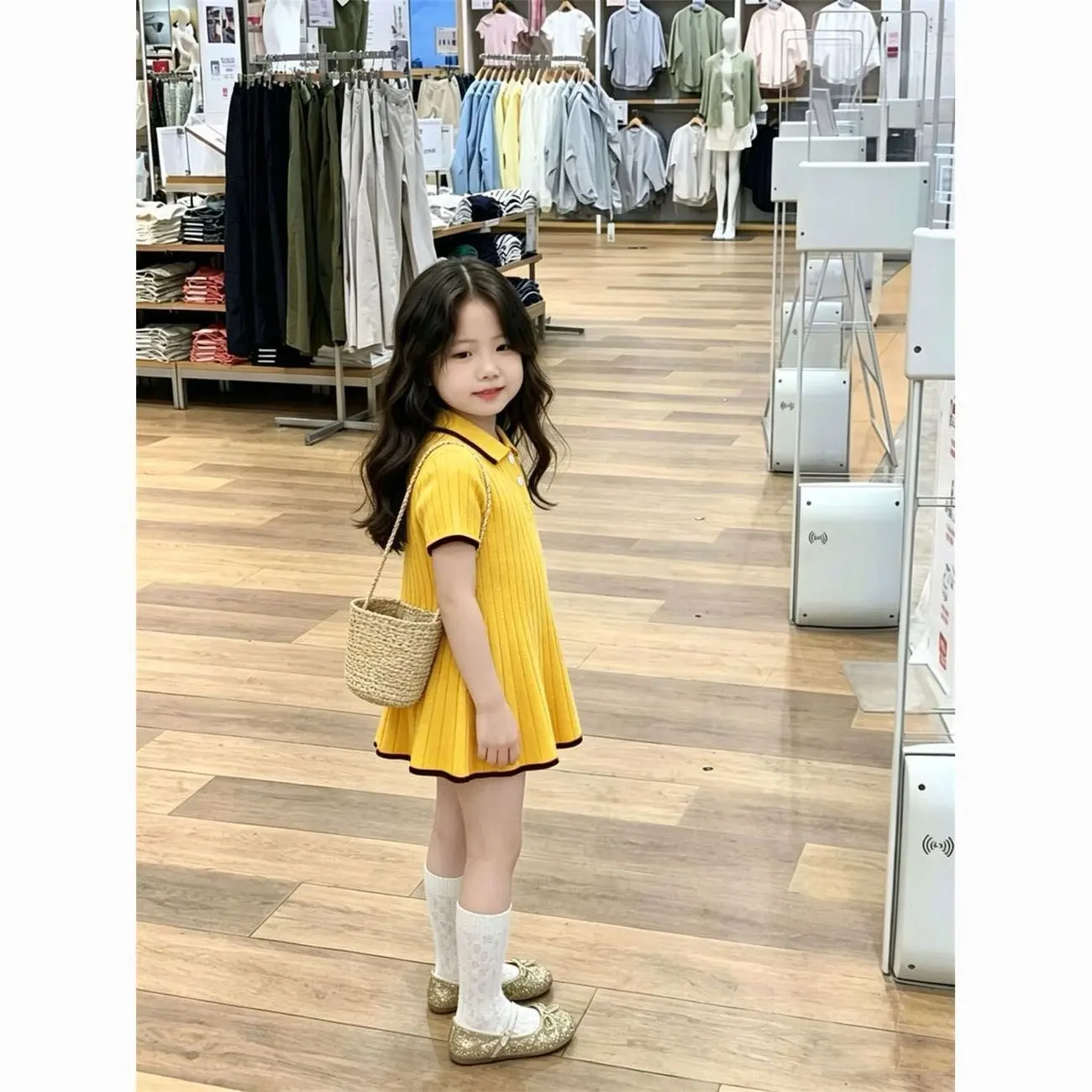 Girls Summer Dress New Fashion Kids Yellow Polo Neck Knitted Short Sleeve A-Line Skirt Children Casual Sundress