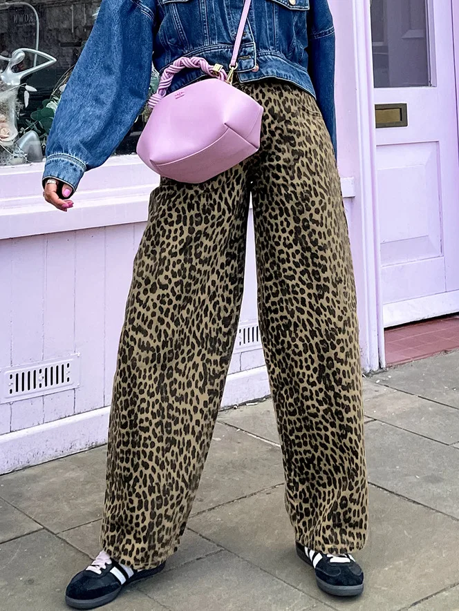 

Cotton leopard print slim fit pencil casual pants for spring/summer 2025 new women's clothing