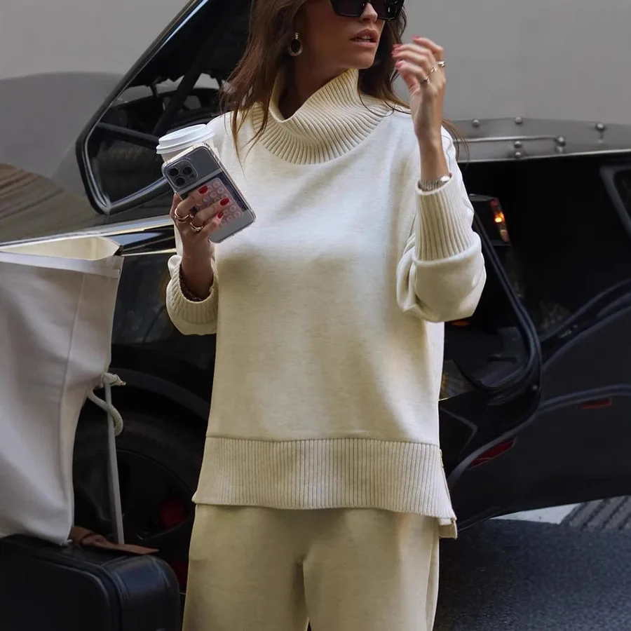 

2026 New Fashionable Knitted Shirt + Wide Leg Pants Two-piece Sets Women Spring Casual Loose Sweater Pants Suit For Women