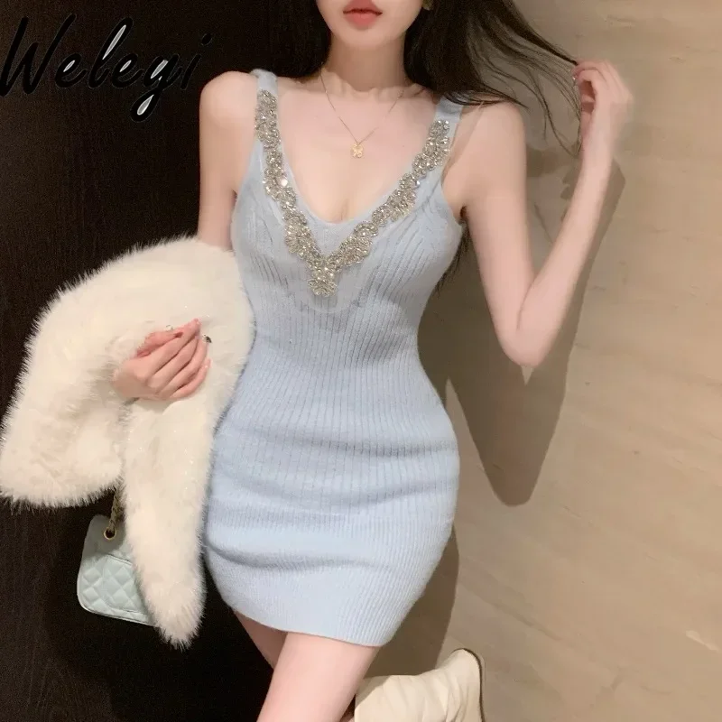 Rhinestones V-neck Knitted Suspender Dress 2024 Autumn New Women Hip Wrap Diamond-encrusted Tube Top Short Slip Sweater Dresses