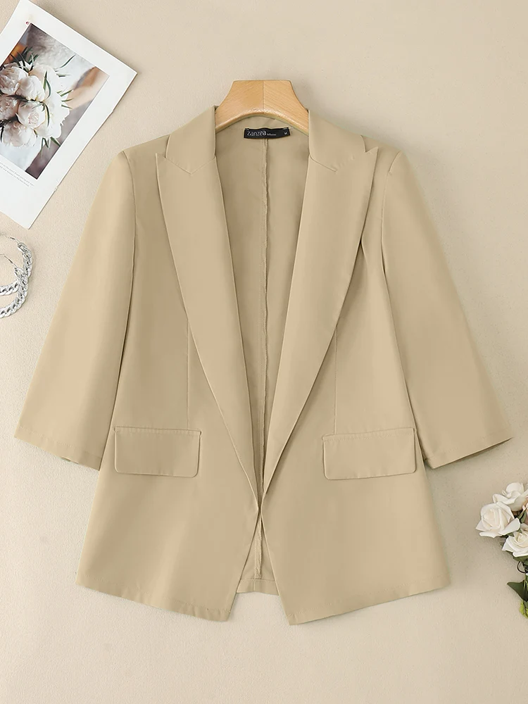 เสื้อเบลเซอร์ลำลองน้ำหนักเบาสำหรับผู้หญิง ZANZEA รุ่นปี 2025 ปกแหลม แขนสามส่วน แบบเปิดด้านหน้า เหมาะสำหรับใส่ทำงานหรือเดินทางไปออฟฟิศ ไซส์ 3XL