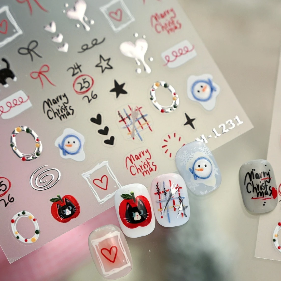 Guirnalda de muñeco de nieve de gato negro, lazo de estrella, Lava, amor, corazón, manzana, sombrero de Navidad, conejo, pegatinas autoadhesivas para decoración de uñas, calcomanía para manicura