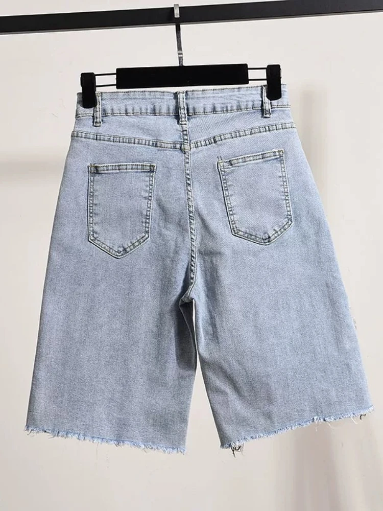 Jeans Shorts Trendy Heavy Light Color Embroidery High Waist Raw Hem For Women Summer New Five Point Wide Leg Elegant Pants