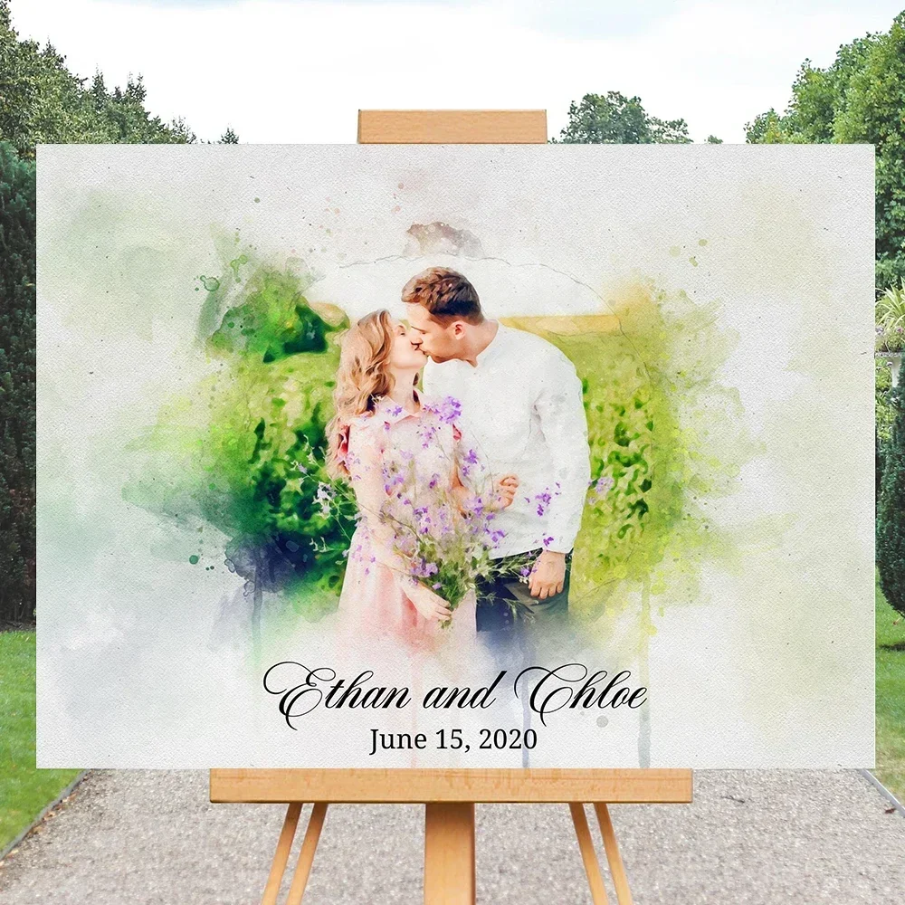Couple Watercolor Portrait Poster Unique Wedding Welcome Sign Art Print Canvas Painting Wall Picture for Welcoming Guests Decor