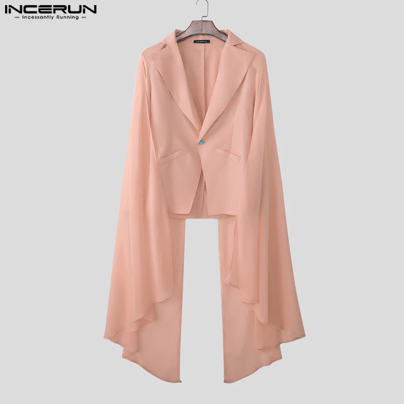 INCERUN, chaqueta para hombre, capa de malla con solapa de retales, manga larga, un botón, trajes informales para hombre, ropa de calle, capa con volantes, chaqueta de moda para hombre
