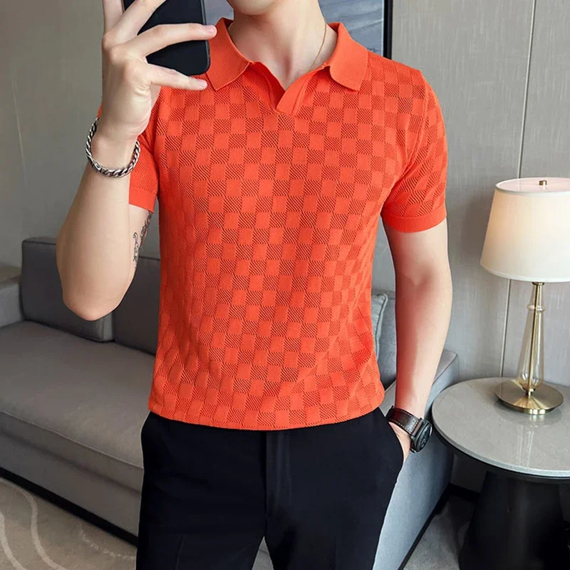 

Summer Thin Ice Silk Knitted Polo Shirts Mens Elasticity Mesh Casual T Shirt Male Short Sleeve O-Neck Slim Fit Breathable Polos