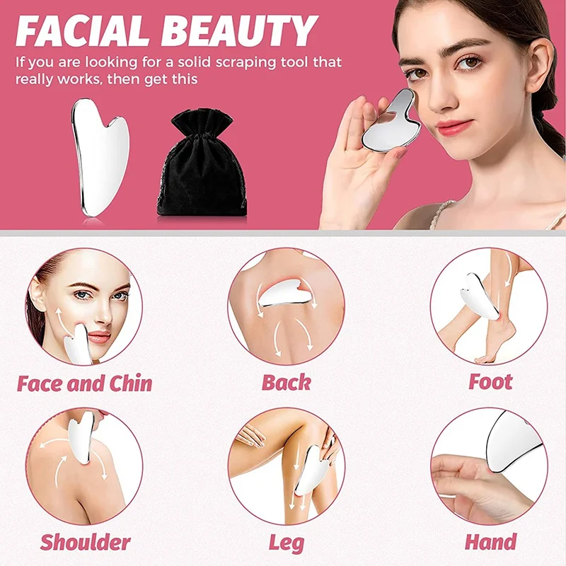2PC Stainless Steel Heart Shaped Scraping Plate Metal Scraping For Face Spa Guasha Board Body Back Facial Lift Skin Care Massage