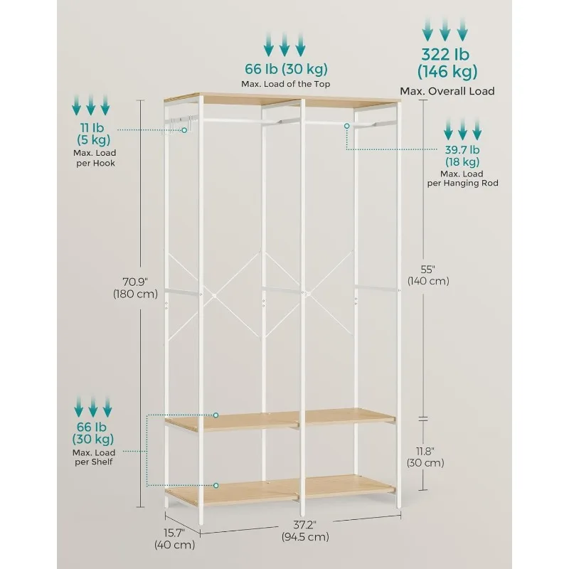 Clothes Rack, Iron and Wood Wardrobe Closet Organizer, Heavy Duty Garment Rack with Hanging Rods, Closet Shelves, Removable