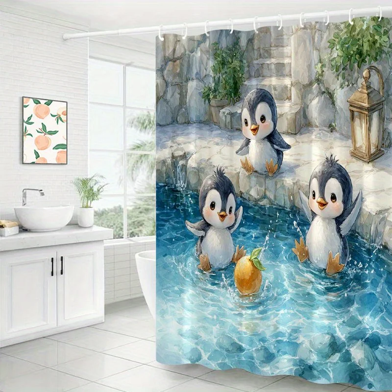 three cute penguins playing in blue water shower curtain with orange fruit stone steps design for ocean theme bathroom decor
