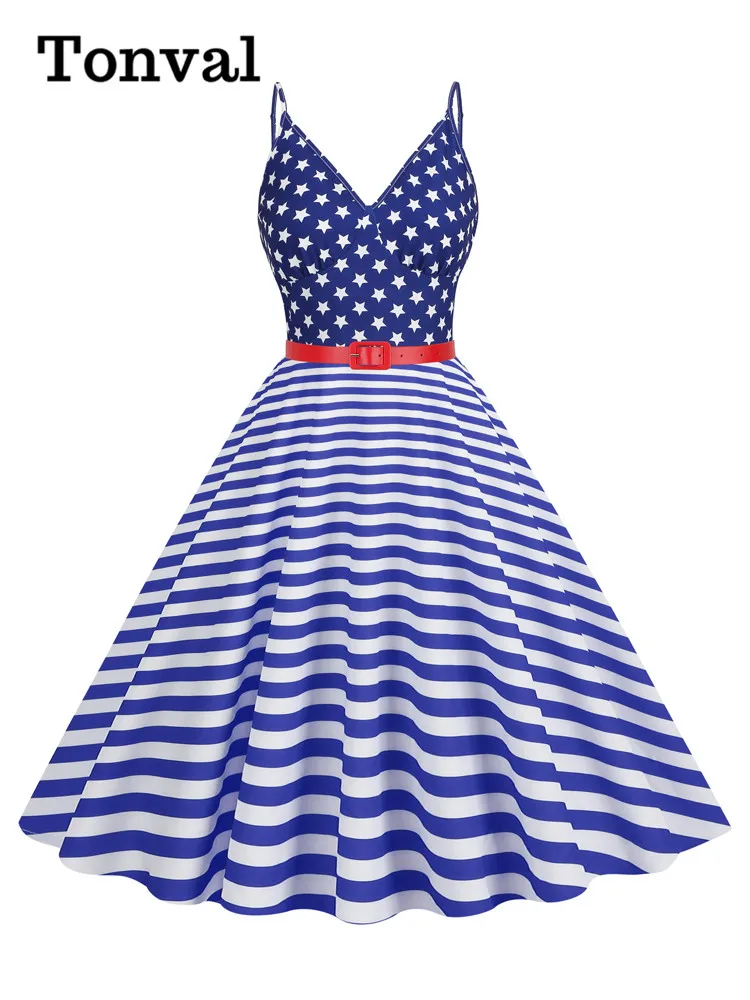 Tonval Stars and Stripes Print Summer Party Sexy Dresses for Women 2023 V-Neck Vintage Style Belted Swing Dress