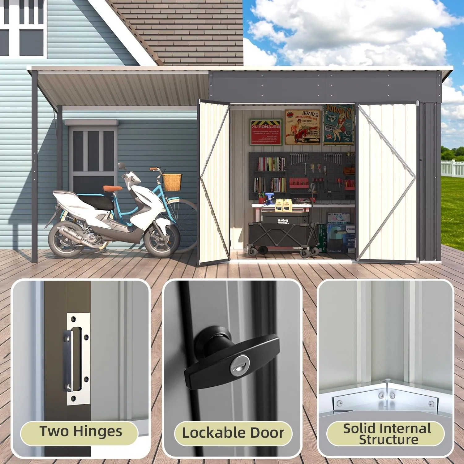 Outdoor Open-Sided Metal Storage Shed with Attached Hardtop Metal Gazebo view 4