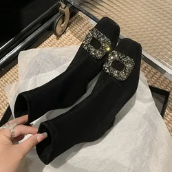 Women Crystal Luxury Ankle Boots Suede Chunky Square Toe Shoes 2024 Trend Winter New Elegant Party Pumps Hot Sale Female Botas