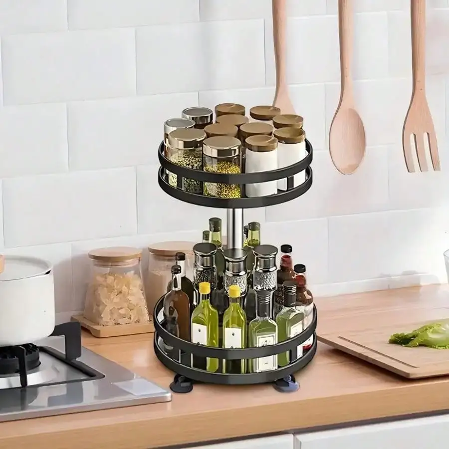 2/3-Tier Rotating Kitchen Storage Rack – Metal & Plastic Floor-Standing