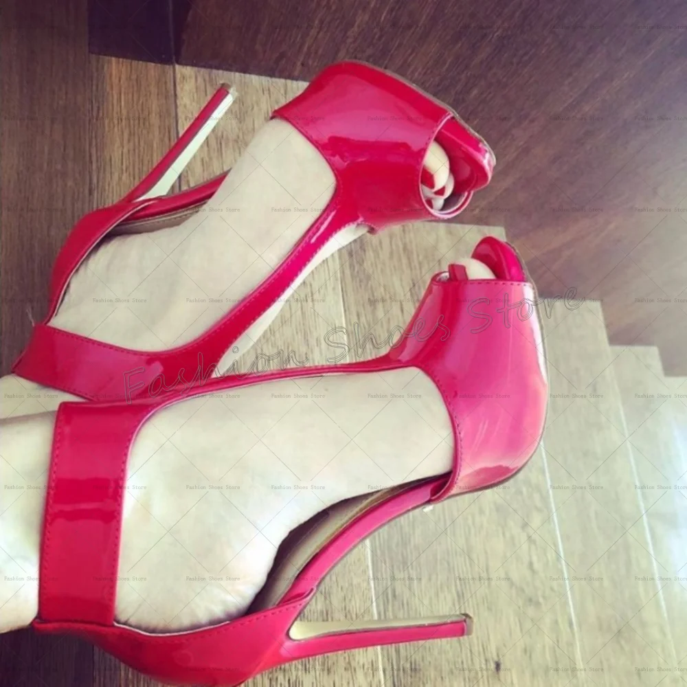 

Red Peep Toe Patent leather Sandals T-strap Fashion Women Shoes Thin High Heels Party Banquet Dating 2025 Zapatos Para Mujere