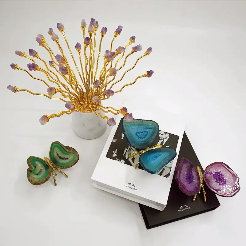 Colored Agate Butterfly Ornament Natural Agate Chips Brass Simulation Insects Butterfly Statue Metal Figurine Home Decoration