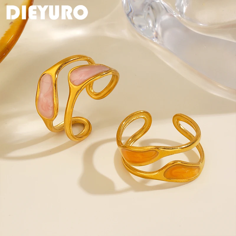 DIEYURO Stainless Steel Dripping Oil Double Layered Open Ring Lady Simple Golden Geometric Hollow Adjustable Ring Jewelry Gift