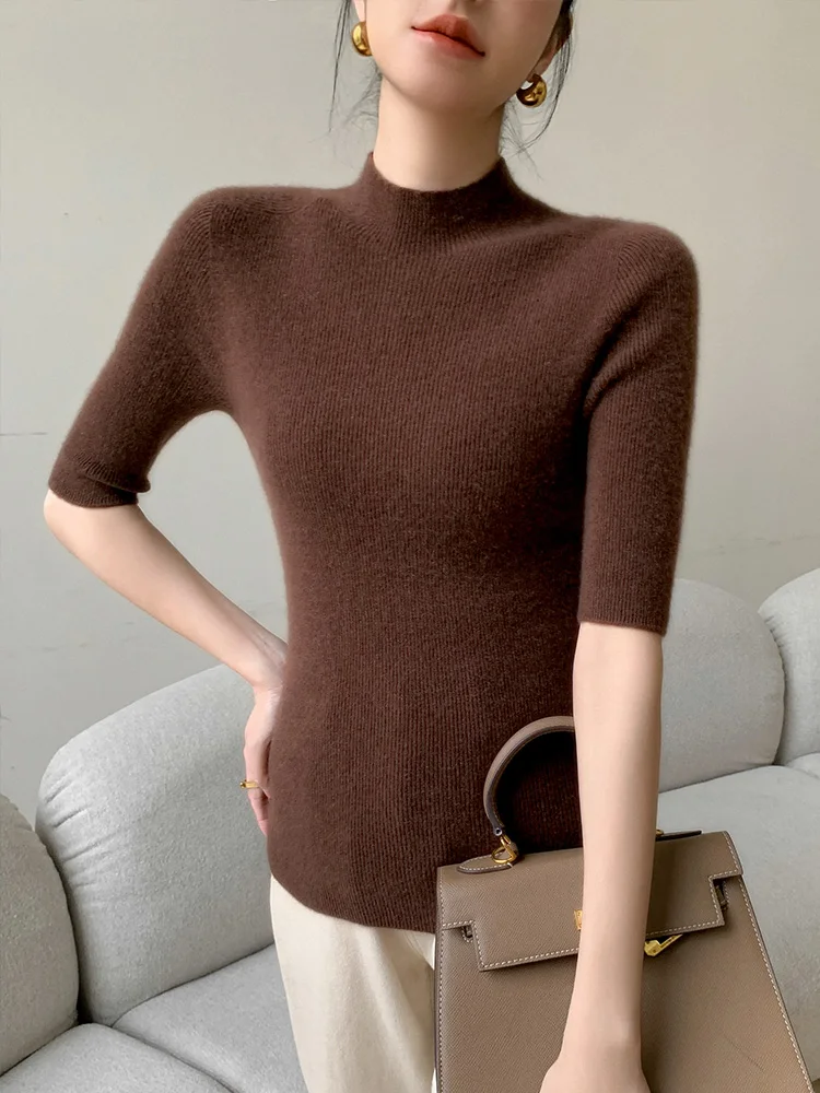 Slim Fit f Cuello alto ort Sve Base de punto irt Camiseta Bla para mujer Five Sve Top ajustado Commute Sle Coreano Ve...
