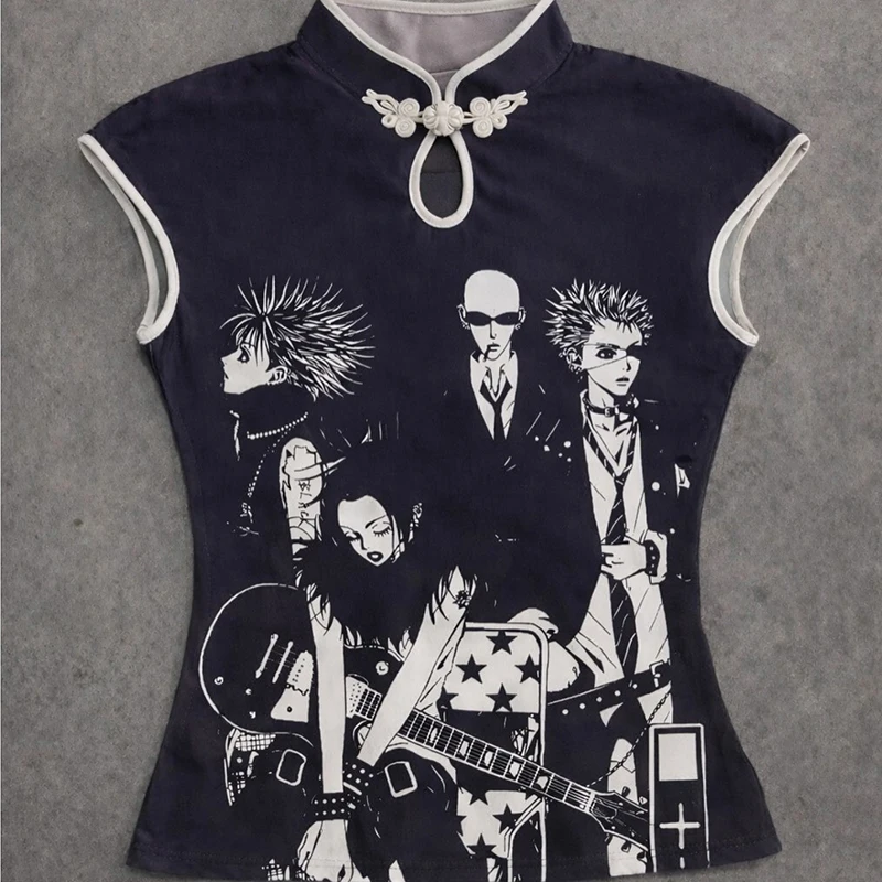 Girl's Retro Slim T-shirt Short Sleeve round Neck Top Printed Pattern Street Fashion Wear Ins Style