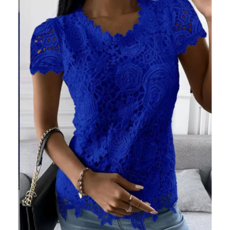 Elegant Women\'s Lace Shirt Short Sleeve Top 2023 Summer New Solid Round Neck Slim Fit  Blouse Office Lady S-5XL