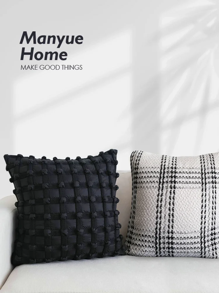 Plush Black and White Grid Pattern Cushion Cover Set with Back Pillow and Waist Pillow for Ultimate Comfort