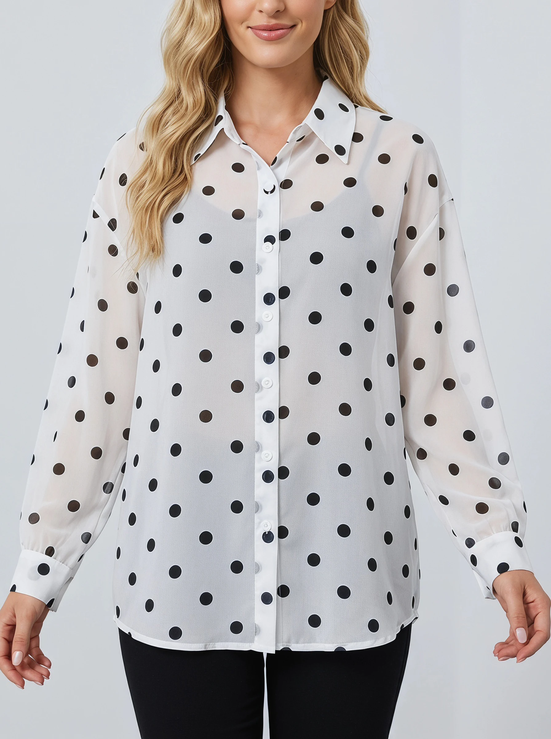 Gadinus Casual Polka Dot Long Sleeve Shirt for Women Lightweight Oversized Blouse