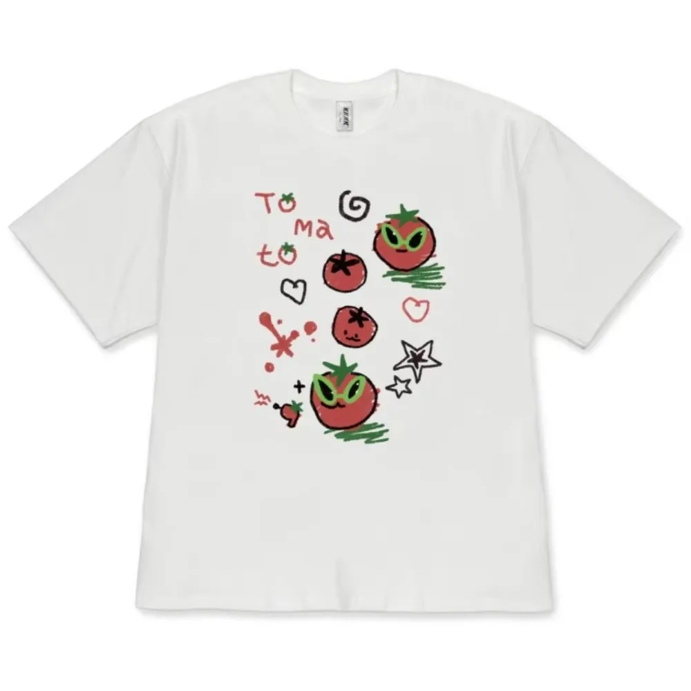 Colorful Hand Drawn Doodle Tomato Graphic T-Shirt Cute Tomato Print Cotton Tee Aesthetic Food Shirt for Women Men Casual Top Y2k