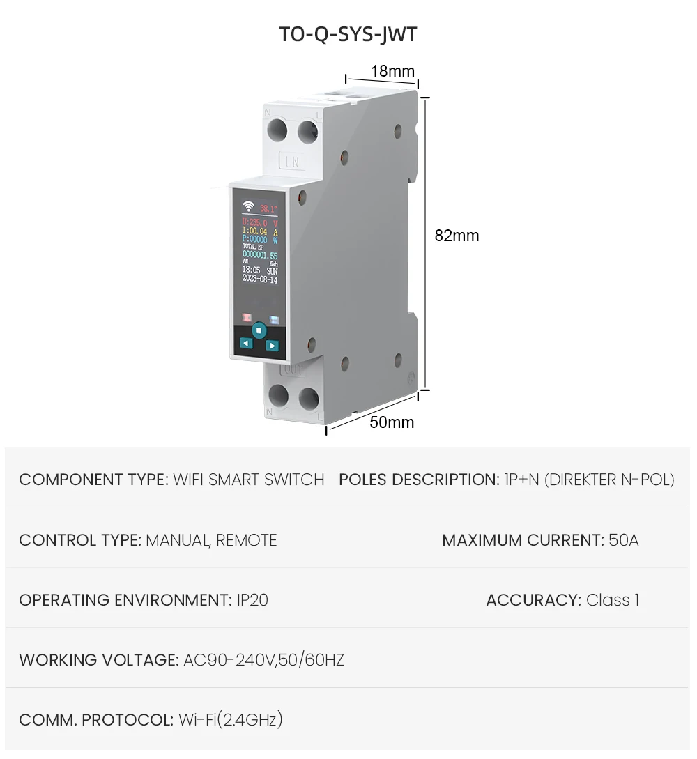 WiFi smart switch CE certified 1-50A 220V overload short-circuit protection radio meter energy miniature