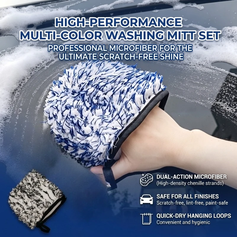 1Pc Thickened Long Plush Half-Palm Car Wash Glove – Double-Sided with Cleaning Sponge & Hanging Loop