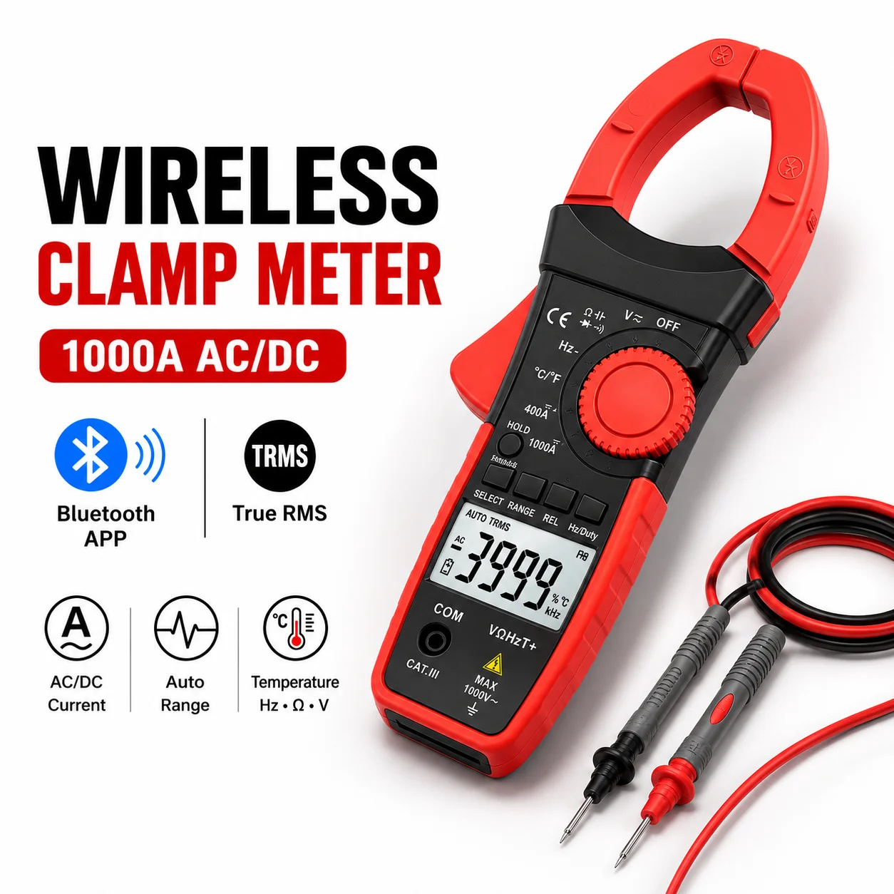 HOLDPEAK 570T-APP 1000A True RMS Digital Clamp Meter Bluetooth Multimeter 4000 Counts Auto Range AC/DC Voltage Current Tester