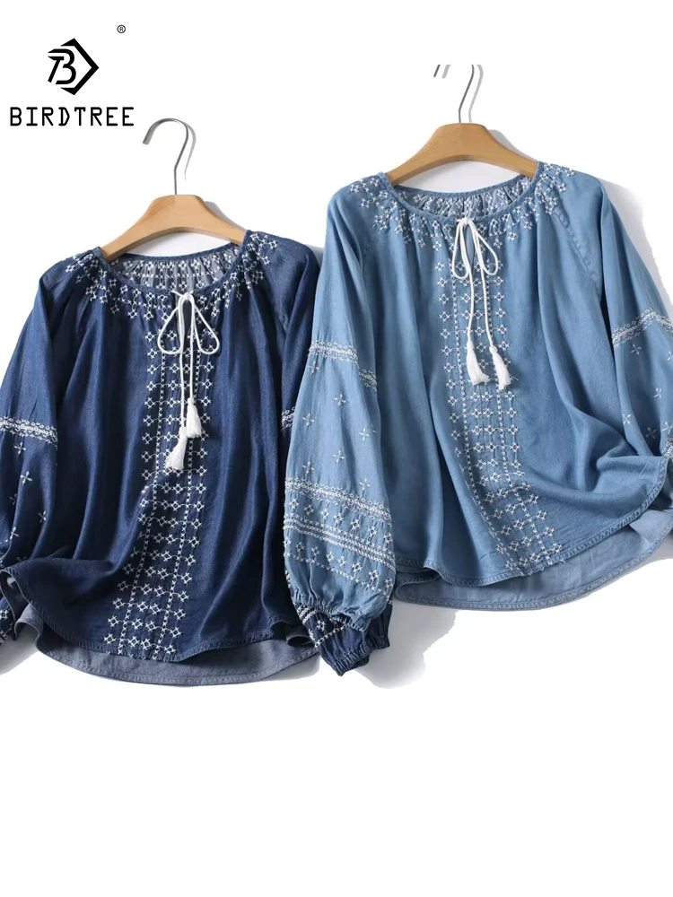 

New 2026 Summer Women Denim Long Sleeve Shirt, O Neck Embroidery Lace-up, Mori Girl OL Ethnic Style Casual Loose Blouse T64890CC