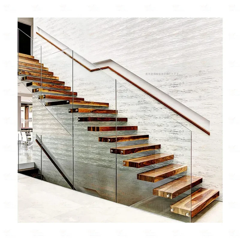 custom.Modern Style Iron and Wooden Tread Floating Staircase with Glass Railing Indoor Use in Apartments Halls