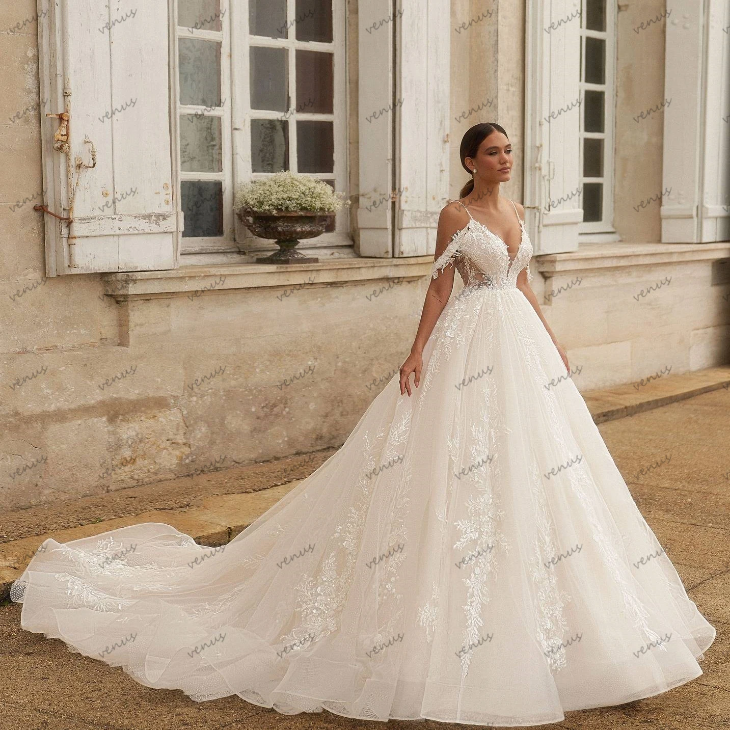 

Graceful Wedding Dresses A Line Tulle Tiered Bridal Gowns Off The Shoulder Robes Lace Appliques Vestidos De Novia Customized