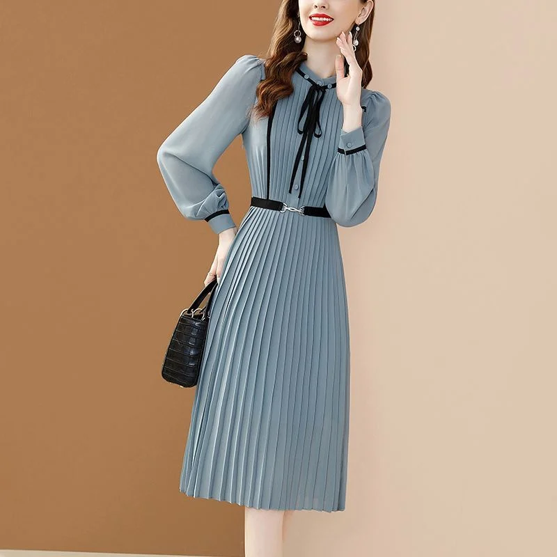 Women Fashion Temperament Age-reducing Long-sleeved Dress Female Spring 2023 New Solid Color Lace Waist Slim Medium Length Skirt