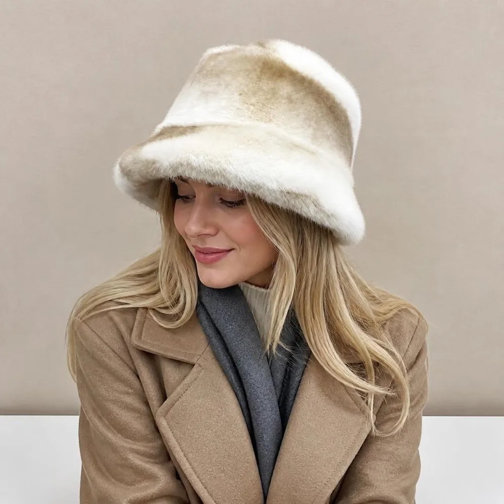 Luxury Double-Sided Faux Fur Hat Scarf Set Windproof Faux Mink Fur Hat Scarf Cozy Gradient Gradient Hat Scarf For Women