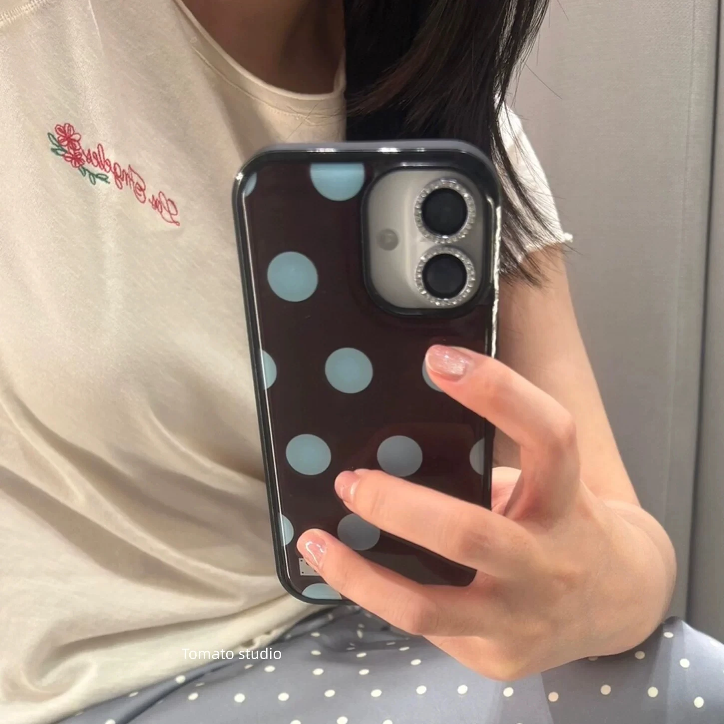 Korean Ins Vintage Light Blue Polka Dots Brown Drop Glue Phone Case For Samsung Galaxy S23 FE S24 PLUS S25 ULTRA S26 EDGE Cover