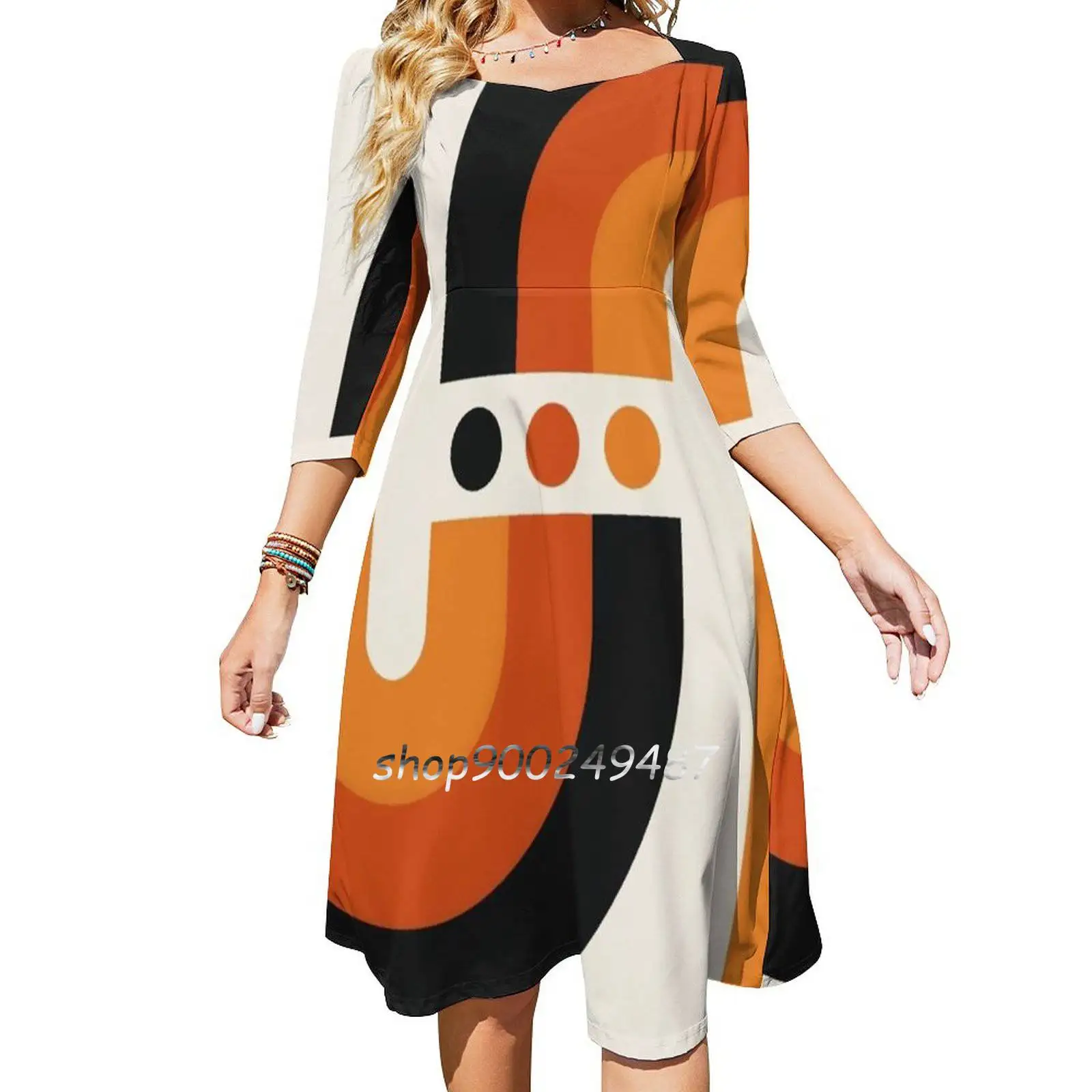 Sunset Rainbow Flare Dress Square Neck Dress Elegant Female Fashion Printed Dress 60S 70S Retro Vintage Op Art Abstract