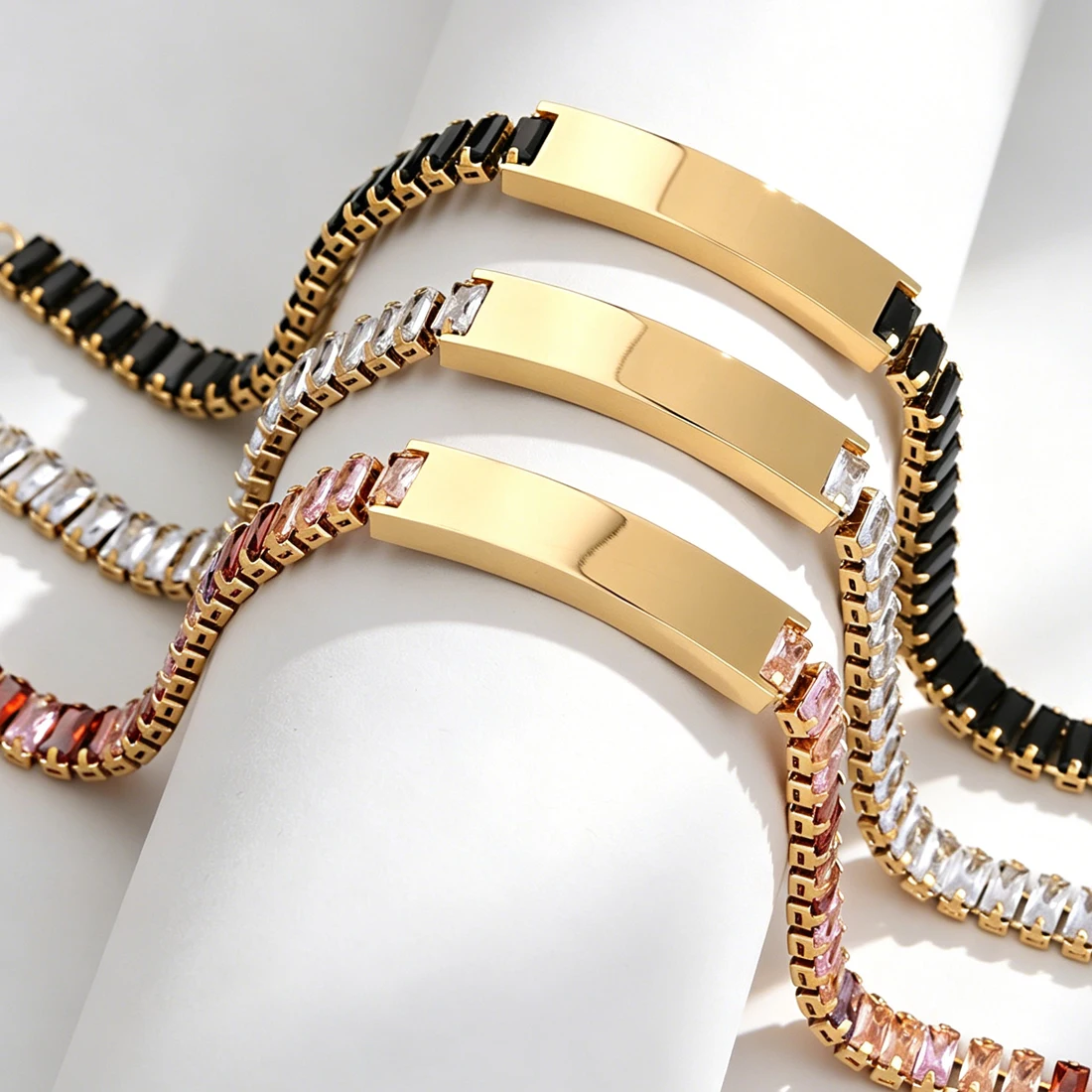 Multicolor Rectangle Crystal Tennis Bracelet Silver Gold No Faded Stainless Steel Blank Curved Bar Stackable Sparkly Bracelets