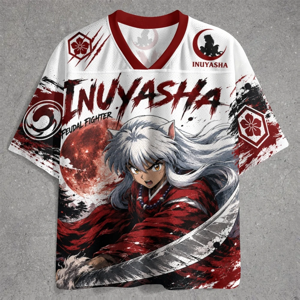 Inuyasha Gowei Kill Maru Anime Character V-neck Fashion Street Sports T-shirt for Men and Women Loose Short Sleeve