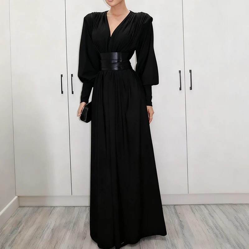 Sexy diepe v-hals feestjurk met lange mouwen damesmode hoge taille gedrapeerde avondjurk elegante bijpassende riem taille lange jurk
