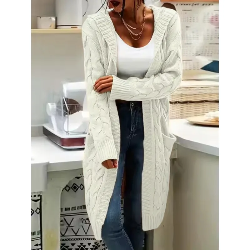 Cardigan da donna Autunno e inverno Maglione con torsioni di pasta fritta Cappotto lungo in maglia tinta unita Nuovo cardigan lavorato a maglia con tasca con cappuccio