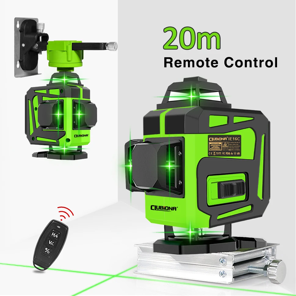 Clubiona nivel láser de 16/12 líneas línea verde autonivelante 360 Horizontal y Vertical nivel láser de haz verde súper potente