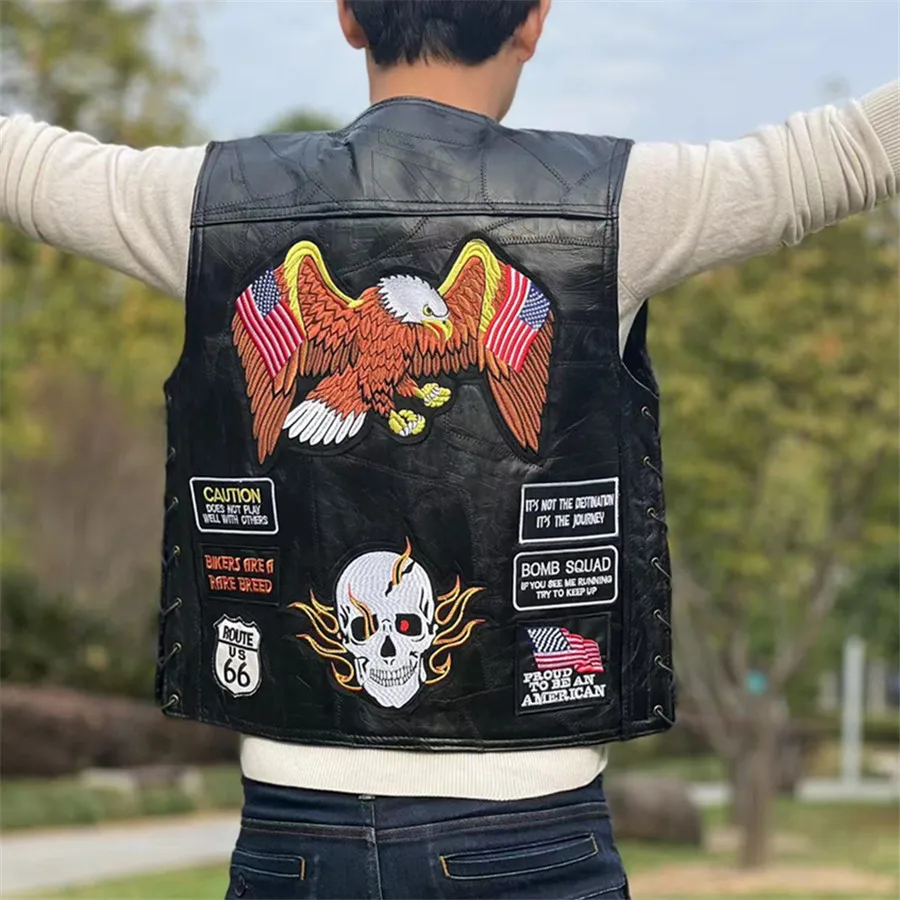 Men Biker Leather Vest 23 Patches Embroidered Black Sleeveless Motorcycle Jacket Punk Style Short Waistcoat Men's Clothing