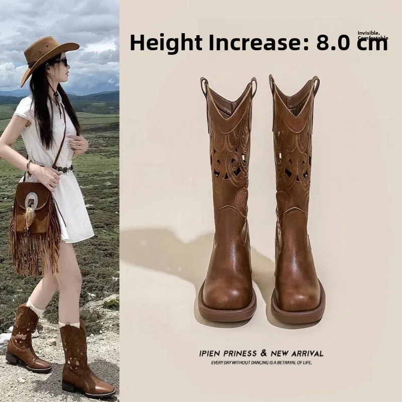 Western Style Women's  Boots Desert Sandals Mid-Calf Hollow out Design Spring Autumn New Model Thickened Rubber Sole