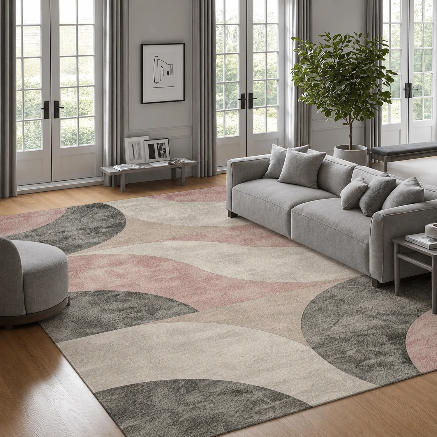 Large Indoor Area Rug, Soft Velvet Low Pile Non-slip Dotted Backing Rug, Machine Washable Modern Geometric Arch Pattern in Blush Pink Gray Beige for Living Room, Bedroom